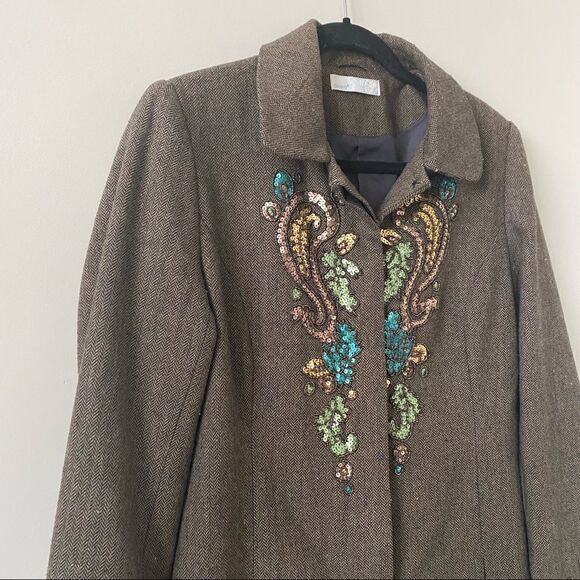 Oxmo-Wool Blend Leaf Sequin Long Sleeve Button Down Lightweight Jacket - Picture 3 of 11